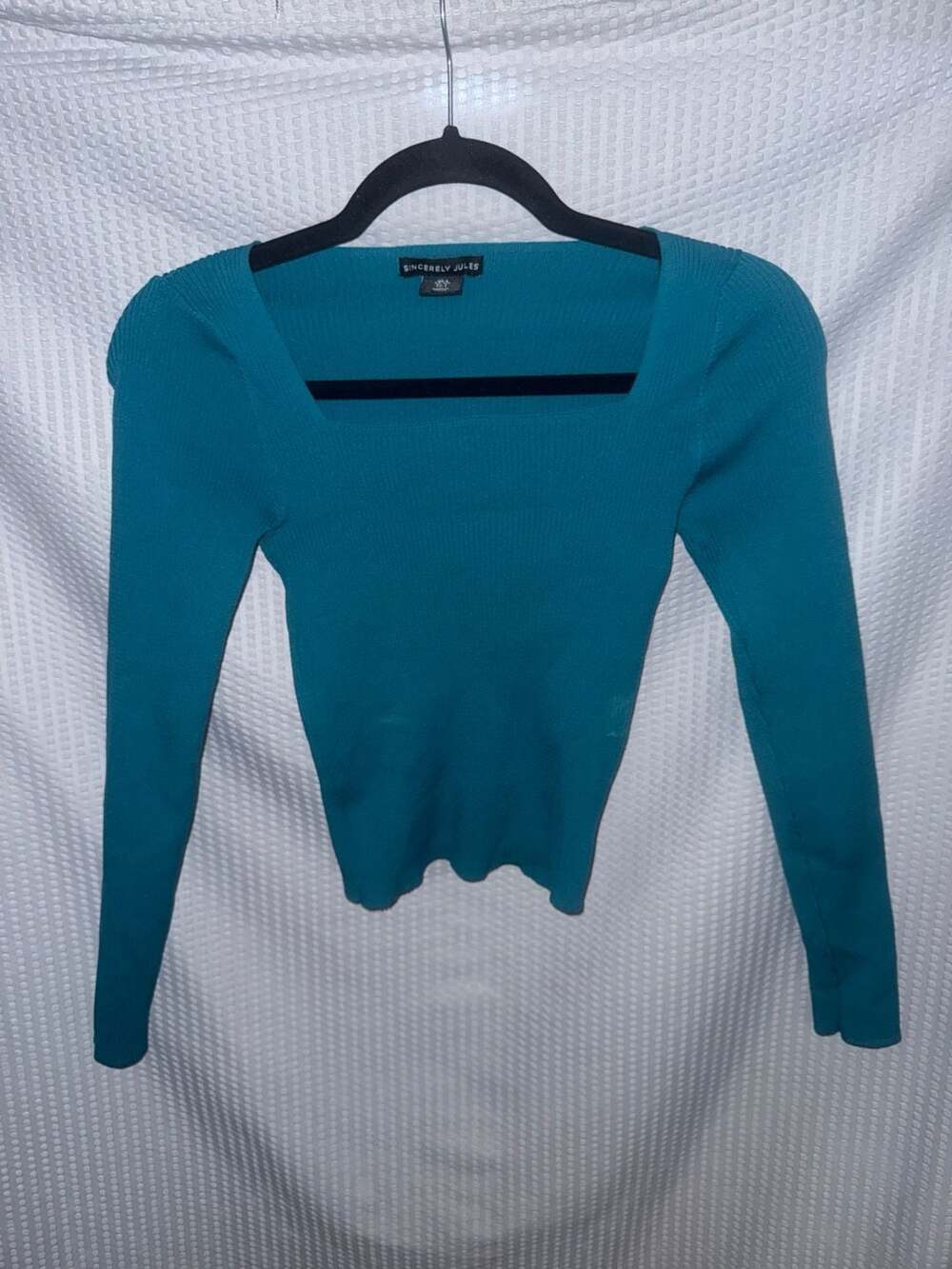 Sincerely Jules Teal Ribbed Square Neck Long Sleeve Top Size S